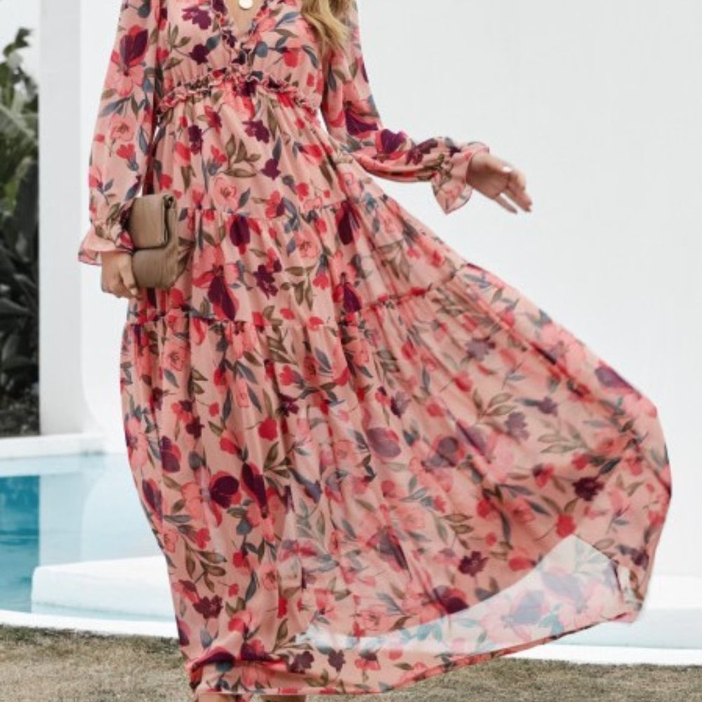 Wild Lotus Ruffle Tiered Maxi Dress pink fall florals